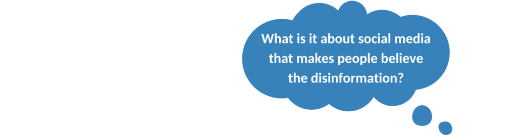 A thought bubble with the question: What is it about social media that makes people believe the disinformation?